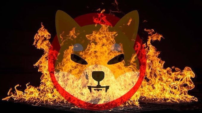 A Shiba Inu dog logo, the mascot of the Shiba Inu ($SHIB) cryptocurrency, is engulfed in flames against a black background, visually representing the "SHIB burn" referenced in the post. The image aligns with the post's theme of burning tokens by depicting the iconic dog symbol being consumed by fire.