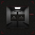 A dark promotional graphic shows two restroom doors labeled “LADIES” and “GENTS” beneath a bright rectangular light, with small red corner markers and vertical text on the right.