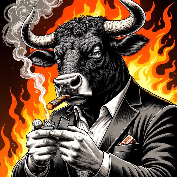 The image features a black bull dressed as a businessman, holding a lighter and smoking a cigar while wearing a suit. The caption reads "Trump saved crypto like how Trump saved the Trump Taj Mahal Casino", which suggests that the image might be related to cryptocurrency or the stock market in some way.

In the background of the image, there is a fire with flames coming out of it, adding an intense and dramatic atmosphere to the scene. The combination of the bull dressed as a businessman, the lighter, and the fire creates a visually striking and intriguing composition that captures the viewer's attention.