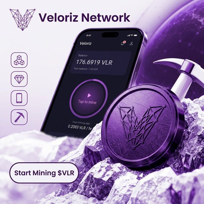 A promotional graphic for 'Veloriz Network' featuring a mobile mining interface showing a balance of 176.6919 VLR and a 'Tap to mine' button, with a call to 'Start Mining $VLR'.