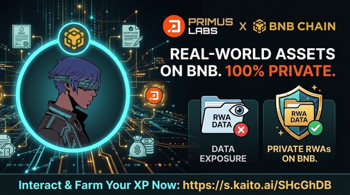 A promotional graphic for 'PRIMUS LABS x BNB CHAIN' about 'REAL-WORLD ASSETS ON BNB. 100% PRIVATE,' featuring a stylized character, icons representing 'RWA DATA EXPOSURE' and 'PRIVATE RWAs ON BNB,' and a link 'Interact & Farm Your XP Now: https://s.kaito.ai/SHcGhDB'.