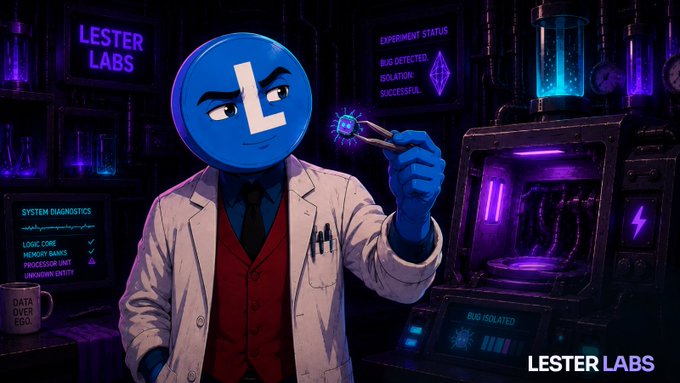 An animated blue character wearing a lab coat and 'L' emblem holds up a glowing blue gem in a sci-fi laboratory, with signage reading 'LESTER LABS' and 'BUG DETECTED / ISOLATION / SUCCESSFUL' visible in the background.
