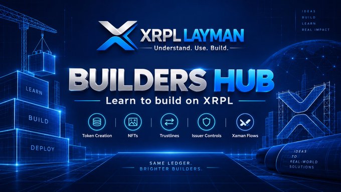 A promotional graphic for 'XRPL LAYMAN Builders Hub' encouraging users to 'Learn to build on XRPL,' featuring icons for Token Creation, NFTs, Trustlines, Issuer Controls, and Xaman Flows against a blue tech-themed background with 'LEARN, BUILD, DEPLOY' blocks.