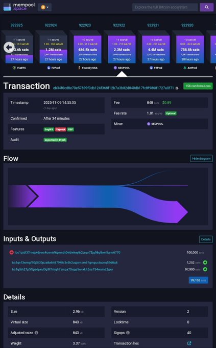 A screenshot of the Mempool.space website showing a specific Bitcoin transaction, detailing 1.2M sats in fees, a SEPOLIA miner, and a Sankey diagram illustrating the flow of the transaction's inputs and outputs.