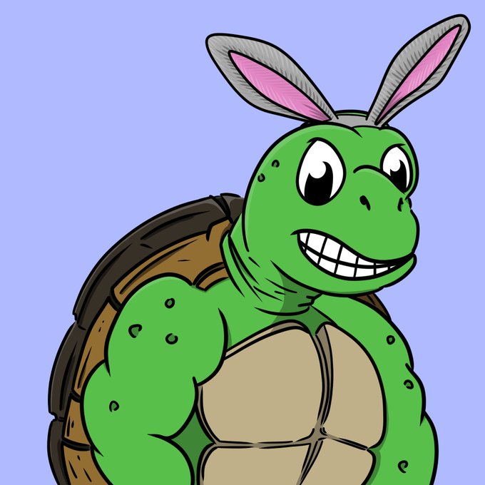A cartoon turtle character with bunny ears, muscular green skin, and a tan shell smiles broadly against a light purple background, illustrating the Turtle NFT #4066 minted by 0xe7640 as advertised.