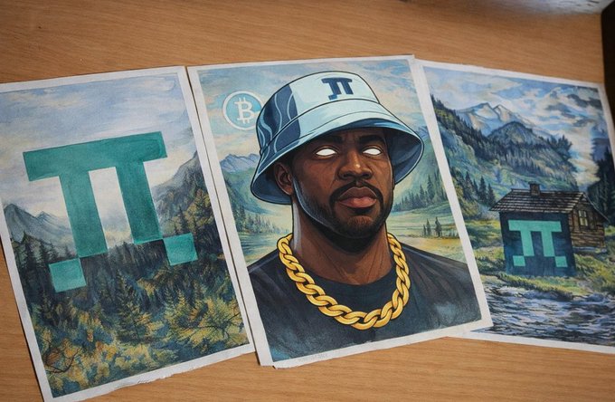 Three paintings featuring a portrait of a man wearing a bucket hat with a pi symbol and gold chain, flanked by landscape paintings incorporating pi network logos.