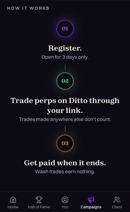 A mobile app screen titled 'HOW IT WORKS' explaining a three-step process: 01 Register (open for 3 days only), 02 Trade perps on Ditto through your link, 03 Get paid when it ends, with a bottom navigation bar showing Home, Hall of Fame, You, Campaigns, and Clans.