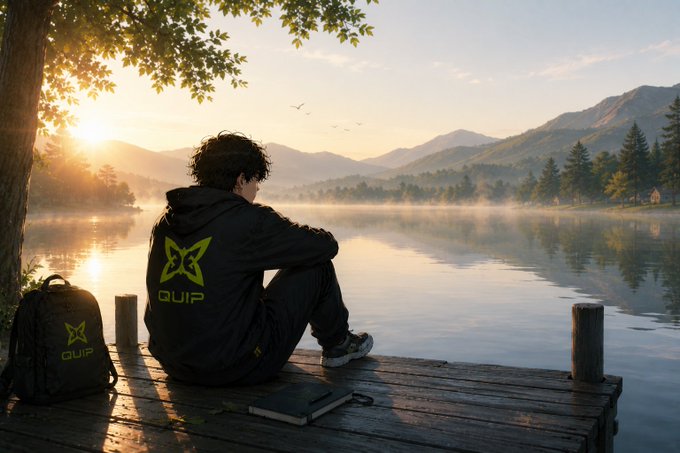 An illustration of a person wearing a black hoodie with a green 'QUIP' logo sitting on a wooden dock by a misty lake at sunrise, with a matching 'QUIP' backpack and a book beside them.