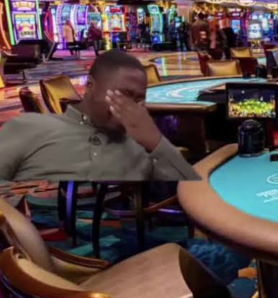 A man sits at a casino table with his hand covering his face in apparent dismay, visually echoing the post's message about steep losses in various assets, including a -98% drop in Trump Coin. The dimly lit gambling floor in the background reinforces the theme of risky bets gone wrong.