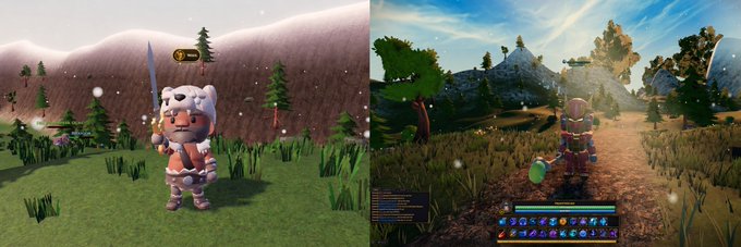 A side-by-side comparison showing the graphical improvements in the game $WOC, with the left panel displaying a furry warrior character in a snowy, simpler landscape, and the right panel revealing enhanced visuals including detailed terrain, dynamic lighting, richer textures, and a polished user interface with a hotbar at the bottom.