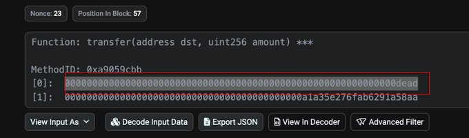 A blockchain transaction interface displaying a transfer function call with MethodID 0xa9059cbb, where the recipient address in slot [0] ends in 'dead' (highlighted in red) and the amount in slot [1] is 0.250e18 wei.