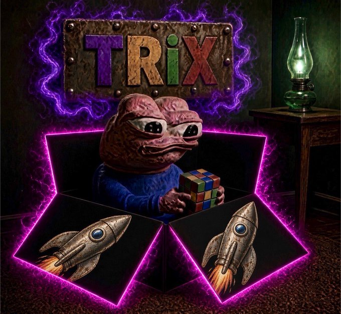 A digital artwork featuring the word 'TRIX' on a metal plaque, with a quirky two-headed creature holding a Rubik's cube emerging from a neon purple portal box with retro rocket ships.
