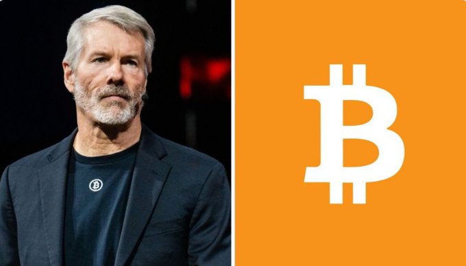 The image features Michael Saylor, MicroStrategy's executive chairman known for his bullish stance on Bitcoin, alongside the iconic Bitcoin (BTC) logo on an orange background. This visual pairs with his bold prediction that Bitcoin will surpass gold's market capitalization by 2035, highlighting his unwavering confidence in BTC's long-term value proposition.