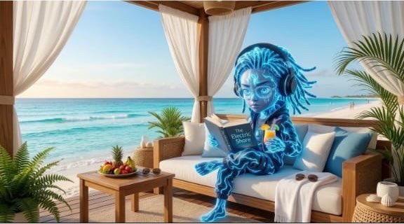 AI-generated illustration of a glowing blue holographic girl reading "The Electric Slave" book while sitting on a beach cabana couch with a tropical ocean view.
