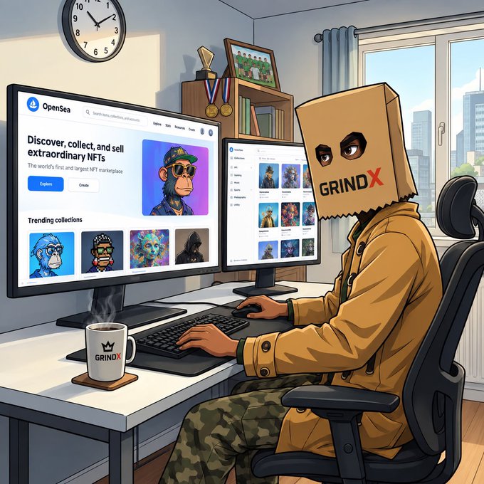 An illustrated cartoon depicting a person wearing a paper bag labeled 'GRINDX' over their head, sitting at a dual-monitor desk setup browsing OpenSea, with a 'GRINDX' branded mug on the desk.