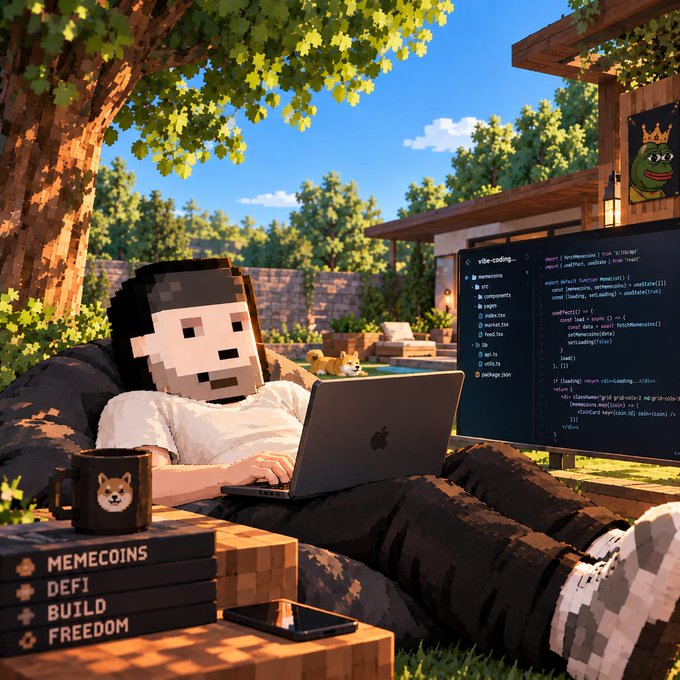 A pixel-art Pepe character lounges under a tree coding on a MacBook, with a nearby monitor displaying code and a poster of a crowned frog, while books labeled "MEMECOINS," "DEFI," "BUILD," and "FREEDOM" sit beside a Shiba Inu mug—capturing the Monday builder spirit of the post "IT'S MONDAY, WHAT ARE YOU BUILDING?"