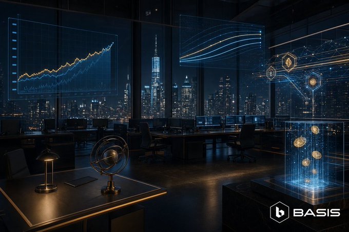 A sleek, dark trading floor at night overlooks a glowing city skyline, with holographic charts showing rising yield curves and golden cryptocurrency tokens suspended in a glass display case—visually reinforcing the post's message that Basis's Booster rewards patience with tiered yields (up to 2× for 180-day locks) but penalizes early exits with mandatory unstaking and a 7-day buffer. The "BASIS" logo is visible in the bottom right corner.