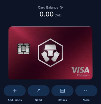 A digital Visa Platinum card display showing a card balance of 0.00 CAD with a Crypto.com logo, featuring options to Add Funds, Send, view Details, and More.