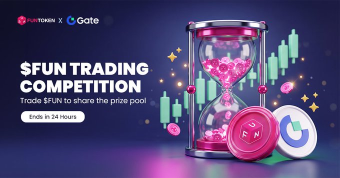 Promotional banner for the "$FUN Trading Competition" featuring FunToken and Gate logos, showing an hourglass filled with pink tokens, a candlestick chart, and coins, with text noting "Ends in 24 Hours" to highlight the final day of the contest offering 2,864,221 FUNToken in rewards at gate.com/campaigns/5717.