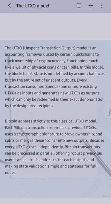 Screenshot of an article titled 'The UTXO model' explaining that the Unspent Transaction Output model is an accounting framework used by blockchains like Bitcoin to track cryptocurrency ownership through transactions that consume and generate UTXOs.