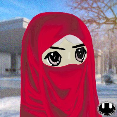 An anime-style illustration of a person wearing a red hijab with expressive eyes is shown. The accompanying post jokes about a large "ethos" airdrop based on the number of slashes in the image, referencing a crypto or NFT context.