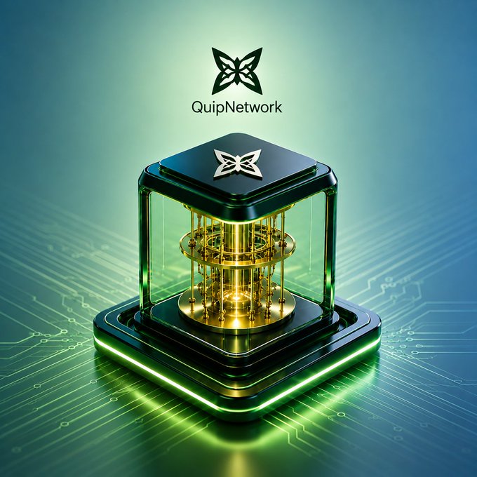 A 3D render of a glowing green and gold server-like device labeled "QuipNetwork" featuring a butterfly logo, sitting on a circuit board surface.