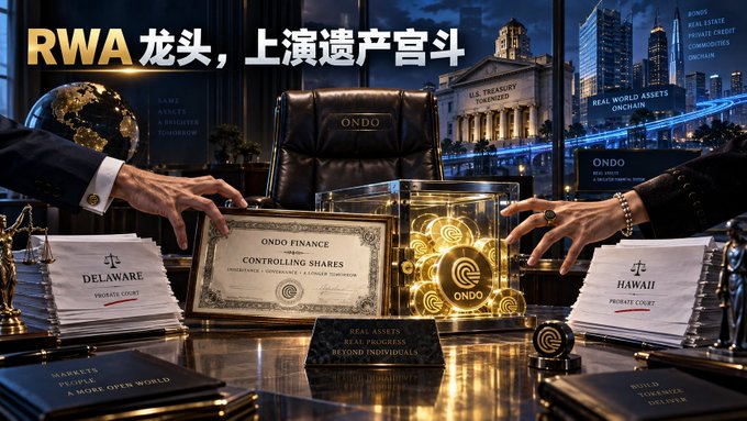 A promotional image featuring RWA leader 'ONDO' with Chinese text 'RWA 龙头，上演遗产宫斗' (RWA leader, staging inheritance palace drama), showing ONDO Finance stocks and ONDO coins between two hands in a luxurious office setting.
