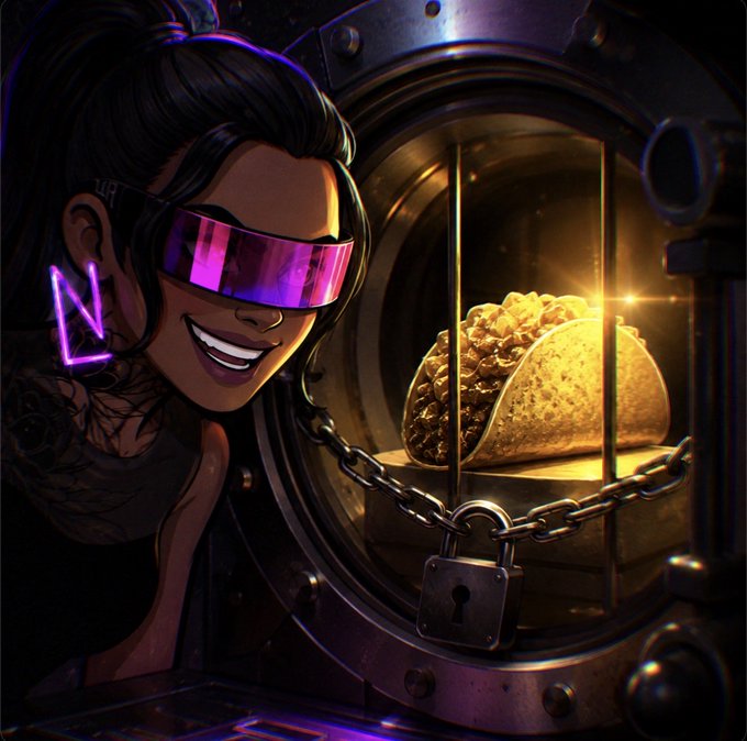 A digital illustration of a smiling woman with pink futuristic sunglasses and tattoos, standing next to a vault containing a taco secured with a chain and padlock.