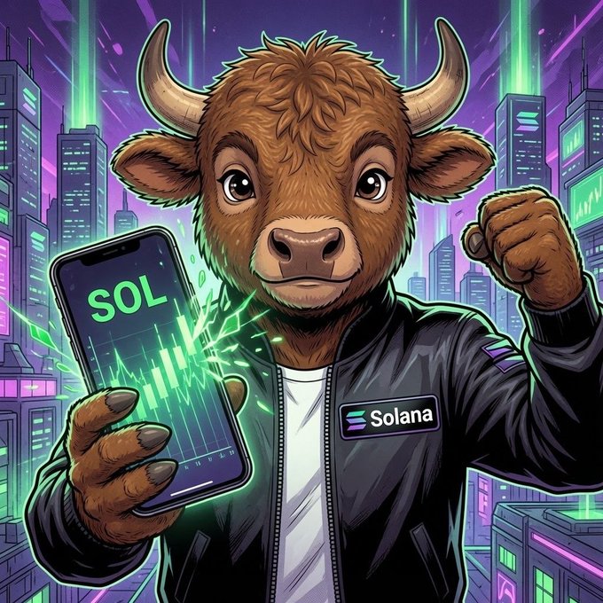 An anthropomorphic bull flexes its bicep while holding a smartphone displaying a "SOL" chart on a candlestick graph, wearing a black jacket with a "Solana" patch, set against a neon-lit cyberpunk cityscape — visually reinforcing the bullish sentiment of the post about an unstoppable $BULL market rally.