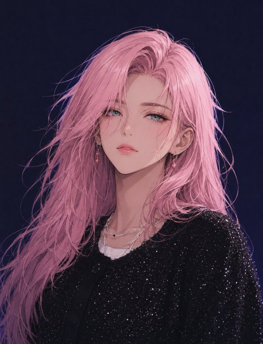An anime-style portrait of a woman with long pink hair, blue eyes, and a black sparkly top, wearing silver necklaces and dangling earrings against a dark background.