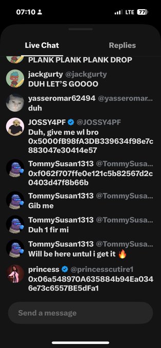 A screenshot of a YouTube Live Chat showing viewer messages requesting a 'PLANK PLANK PLANK DROP', including comments from users jackgurty, yasseromar62494, JOSSY4PF, TommySusan1313, and princesscutie1.