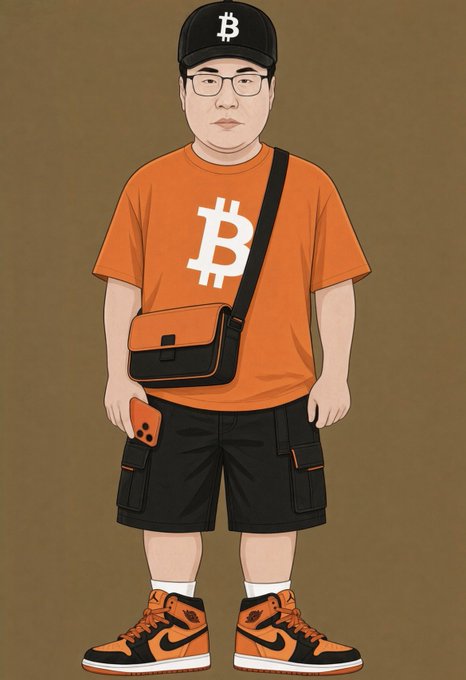 A cartoon-style illustration of a man wearing a black cap with a Bitcoin logo, an orange t-shirt with a large Bitcoin symbol, black cargo shorts, and orange-and-black Jordan sneakers, holding an orange phone with a black crossbody bag.