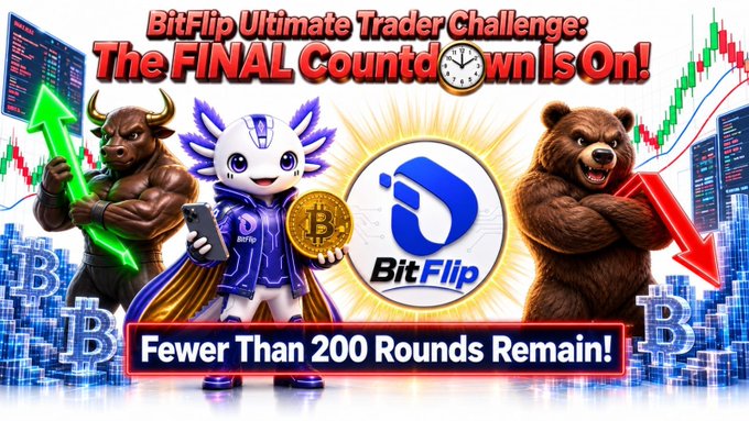 A promotional banner for the 'BitFlip Ultimate Trader Challenge' featuring a bull and bear, with text reading 'The FINAL Countdown Is On!' and 'Fewer Than 200 Rounds Remain!'.