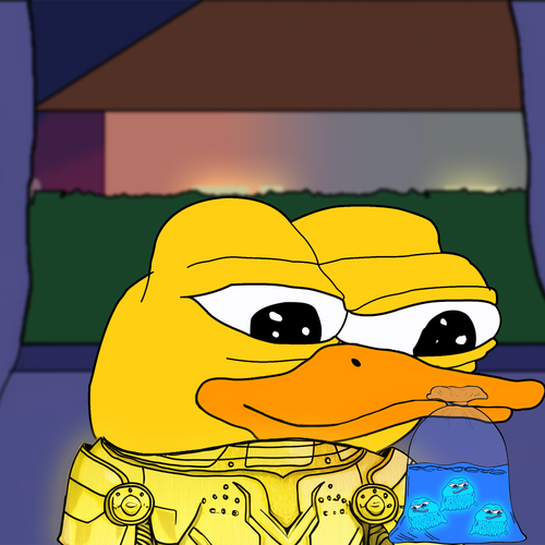 A cartoon-style drawing of a two-headed yellow duck wearing golden armor and holding a plastic bag of water containing three small blue fish.