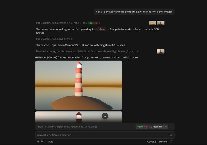 A chat with an AI that used GPU and compute API to render Blender images, showing the message '+107 -0' and a 3D rendered image of a red and white striped lighthouse on an island.