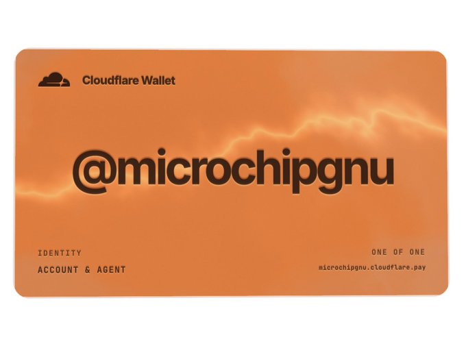 A digital Cloudflare Wallet card in orange with lightning design displaying the handle '@microchipgnu' and labeled 'IDENTITY ACCOUNT & AGENT' and 'ONE OF ONE'.