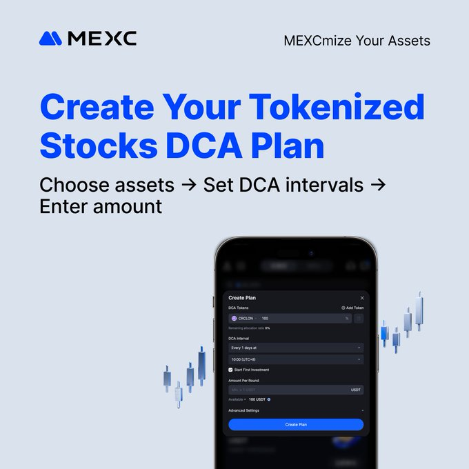 A MEXC promotional graphic featuring the tagline "MEXCmize Your Assets" and headline "Create Your Tokenized Stocks DCA Plan," with steps "Choose assets → Set DCA intervals → Enter amount" displayed alongside a smartphone showing the plan creation interface.