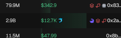 A cryptocurrency portfolio display showing holdings of 79.9M tokens valued at $342.9, 2.9B tokens valued at $12.7K, and 11.5M tokens at $47.99, with partial wallet addresses visible.