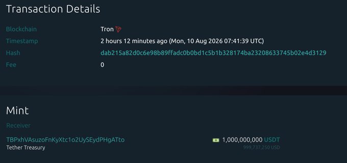 A blockchain transaction details screen shows Tether Treasury minting 1,000,000,000 USDT (~$999.7 million) on the Tron network, timestamped August 10, 2026, with a transaction hash ending in "d3129" and a fee of 0.