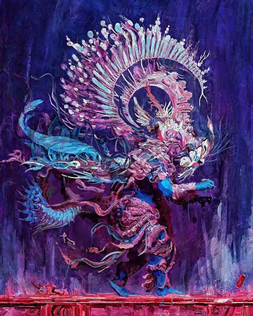 A vibrant, surreal digital painting dominated by deep purples and blues, depicting a complex abstract figure with radiating hair-like strands, multiple faces, and flowing organic shapes.