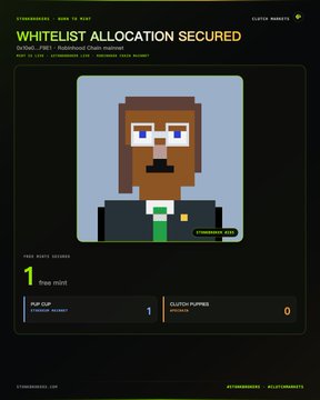 The image shows a pixel art character with brown hair and a green tie on a "WHITELIST ALLOCATION SECURED" screen, indicating 1 trade score for a StonkBrokers POP CLIP, with 1 allocation secured and 0 out-claw pending. This aligns with the announcement of StonkBrokers minting opening, requiring 666,666 $STONKBROKER to mint an NFT that allows holders to earn real stock.