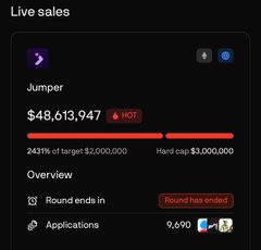 A live sales tracker showing a 'Jumper' project at $48,613,947 raised, marked as 'HOT' and 'Round has ended,' at 243% of its $2,000,000 target.