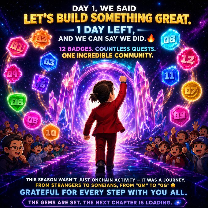 A colorful promotional graphic celebrating a community season finale, reading 'DAY 1, WE SAID LET'S BUILD SOMETHING GREAT. 1 DAY LEFT, AND WE CAN SAY WE DID.' with '12 BADGES. COUNTLESS QUESTS. ONE INCREDIBLE COMMUNITY.' and noting 'THE GEMS ARE SET. THE NEXT CHAPTER IS LOADING.'