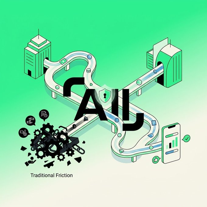 The image depicts a streamlined green pathway labeled "AllScale" with a security shield, contrasting against a tangled mess of gears and icons representing "Traditional Friction" in cross-border payments. This visual metaphor illustrates AllScale's approach to simplifying international payments and payroll by replacing the complex, slow traditional systems with an efficient, direct solution.