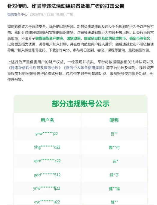 A WeChat security center announcement from September 22, 2026 titled '针对传销、诈骗等违法活动组织者及推广者的打击公告' (Announcement on cracking down on organizers and promoters of illegal activities such as pyramid schemes and fraud), listing violating accounts including 'ynw******j22' and '9hg*********o22' in a green table.