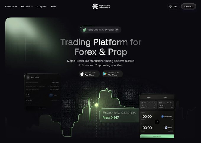 Website homepage for "match-trader" promoting a "Trading Platform for Forex & Prop" with App Store and Google Play download links.