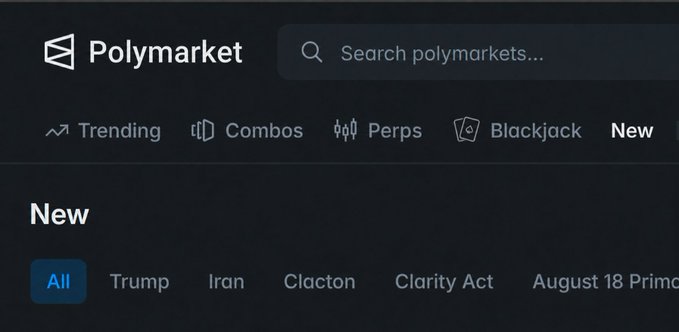 The image shows the Polymarket homepage navigation bar, featuring menu options including "Trending," "Combos," "Perps," and the newly added "Blackjack" tab, alongside search functionality and category filters like Trump, Iran, Clacton, Clarity Act, and August 18. This confirms the rollout of the Blackjack feature mentioned in the post, as it's visibly integrated into the platform's main menu.