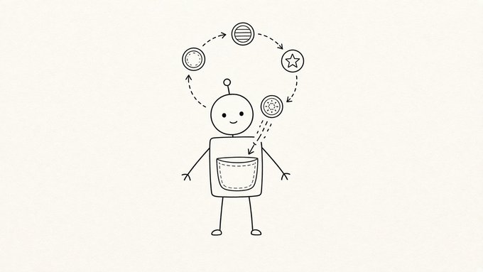 A simple line drawing of a stick-figure-like person with a circular head receiving various items like coins, a star, and a document into an open pocket or container on their torso.