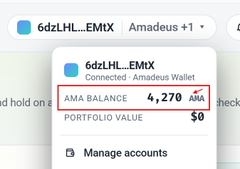 A crypto exchange interface showing an AMA balance of 4.270 (highlighted in red) for account '6dzLH...EmX' connected to Amadeus Wallet, with portfolio value and manage accounts options visible.