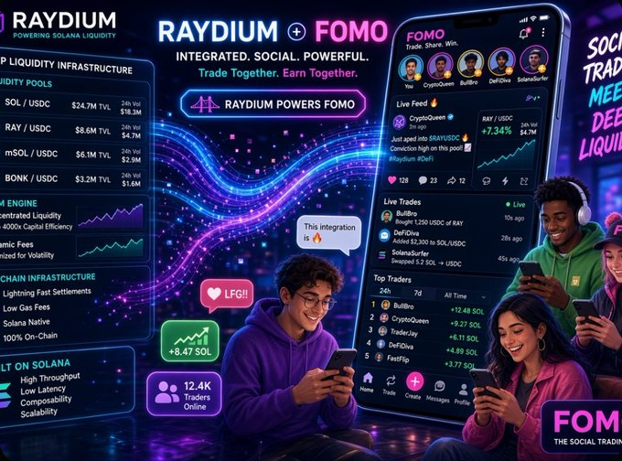 A promotional graphic for 'RAYDIUM + FOMO' featuring the text 'INTEGRATED. SOCIAL. POWERFUL.' alongside people using a social trading app on smartphones.